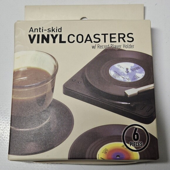 Retro / Vintage Vinyl Record Style Coasters Drink Mats Bar Set Discs With Holder - Picture 14 of 14